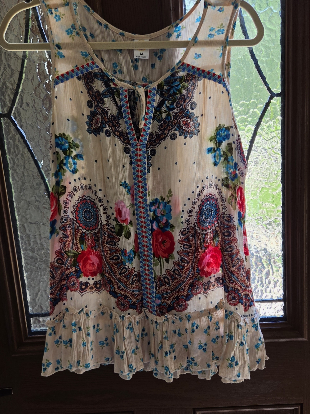 Bila Cream Tank with Blue Floral Detail